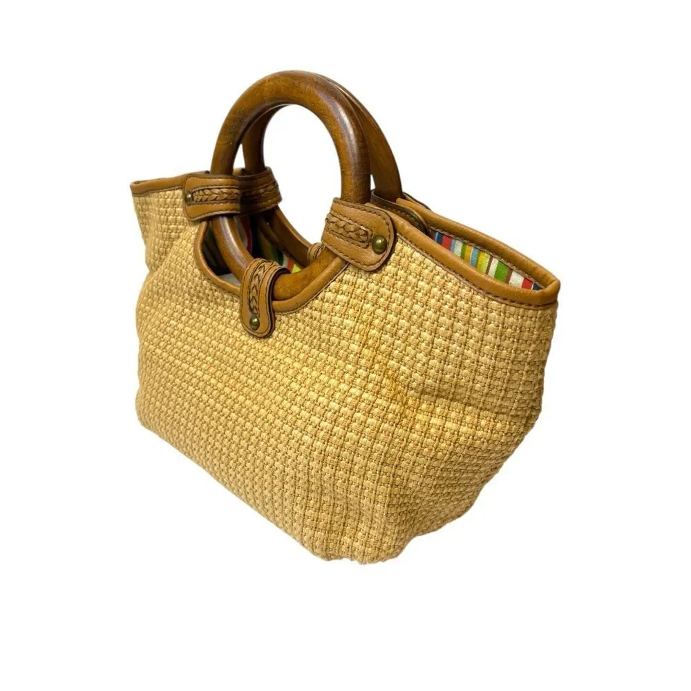 Vintage Fossil Tan Woven Straw Wood Handles Small Satchel Tote Bag Y2K 90’s Boho